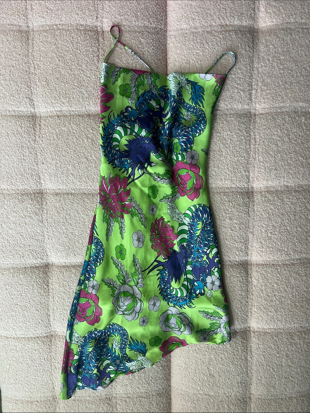 NWT Fashion Nova Bright Green Dragon & Floral Slip Dress XS